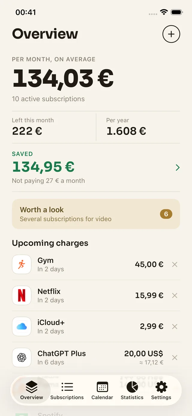 Overview: 134,03 € a month across ten subscriptions, what is left to pay this month, and the charges coming up
