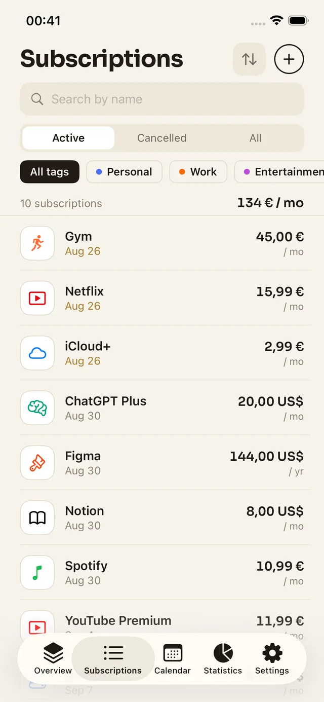 Subscriptions: the full list with search, tags and what each service costs a month