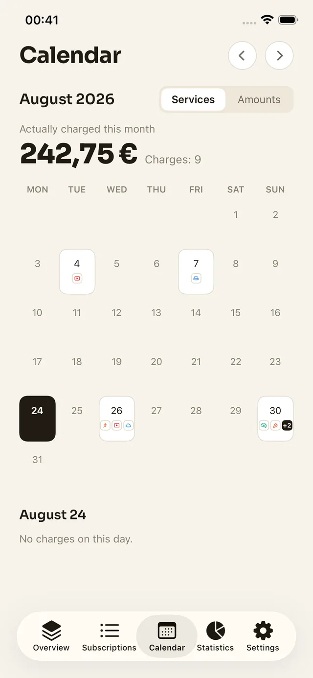 Calendar: the month laid out day by day, with the service logos on the days they charge